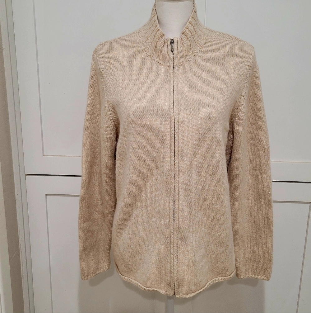 LL Bean Cream Soft Lambswool Angora Zip-Up Sweater | Size XL